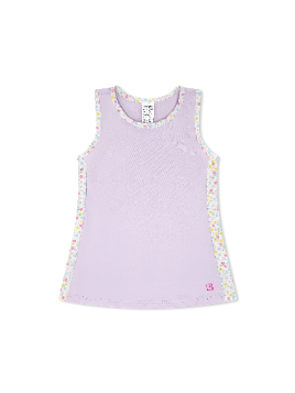 Lavender sleeveless top with colorful trim on a white background