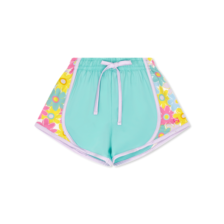 Turquoise shorts with floral trim on a white background