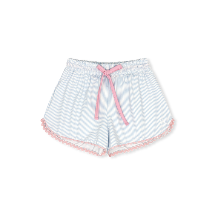 Striped shorts with a pink tie on a white background