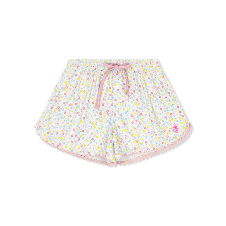 Floral patterned shorts with a pink waistband on a white background