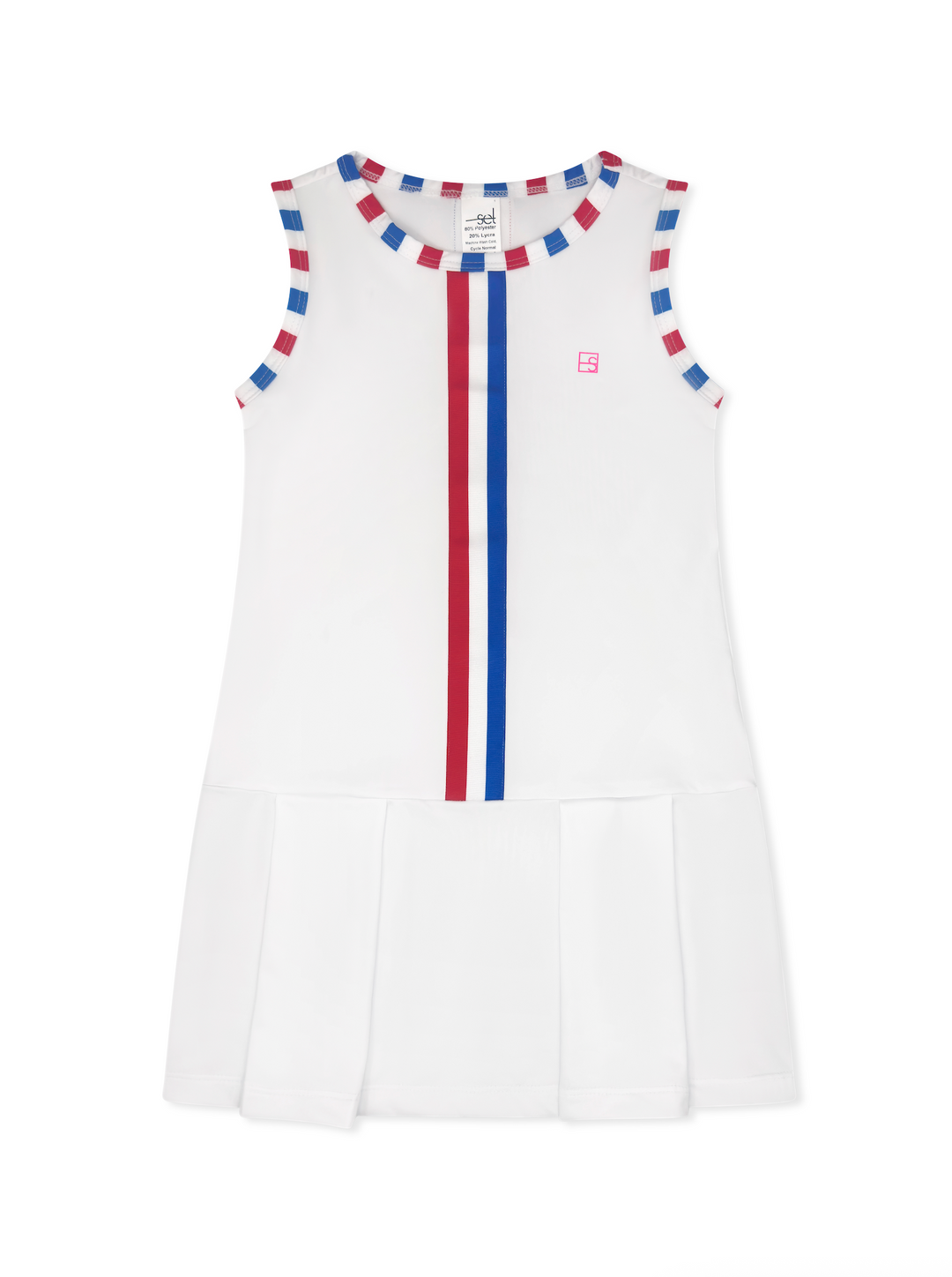 White sleeveless dress with red, blue, and multicolor accents on a white background
