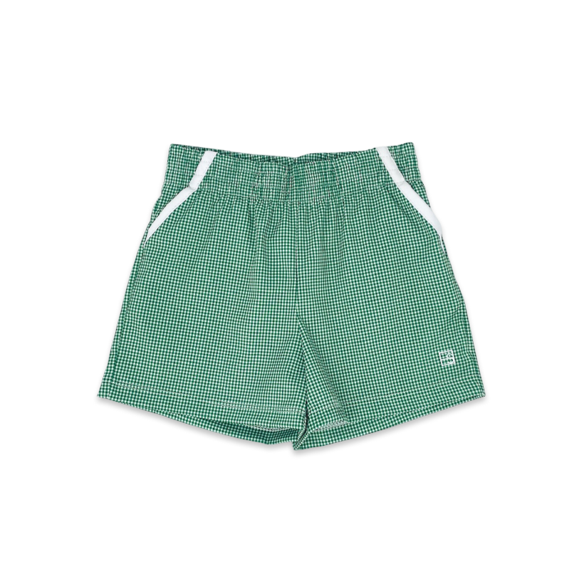 Green checkered shorts with white accents on a white background