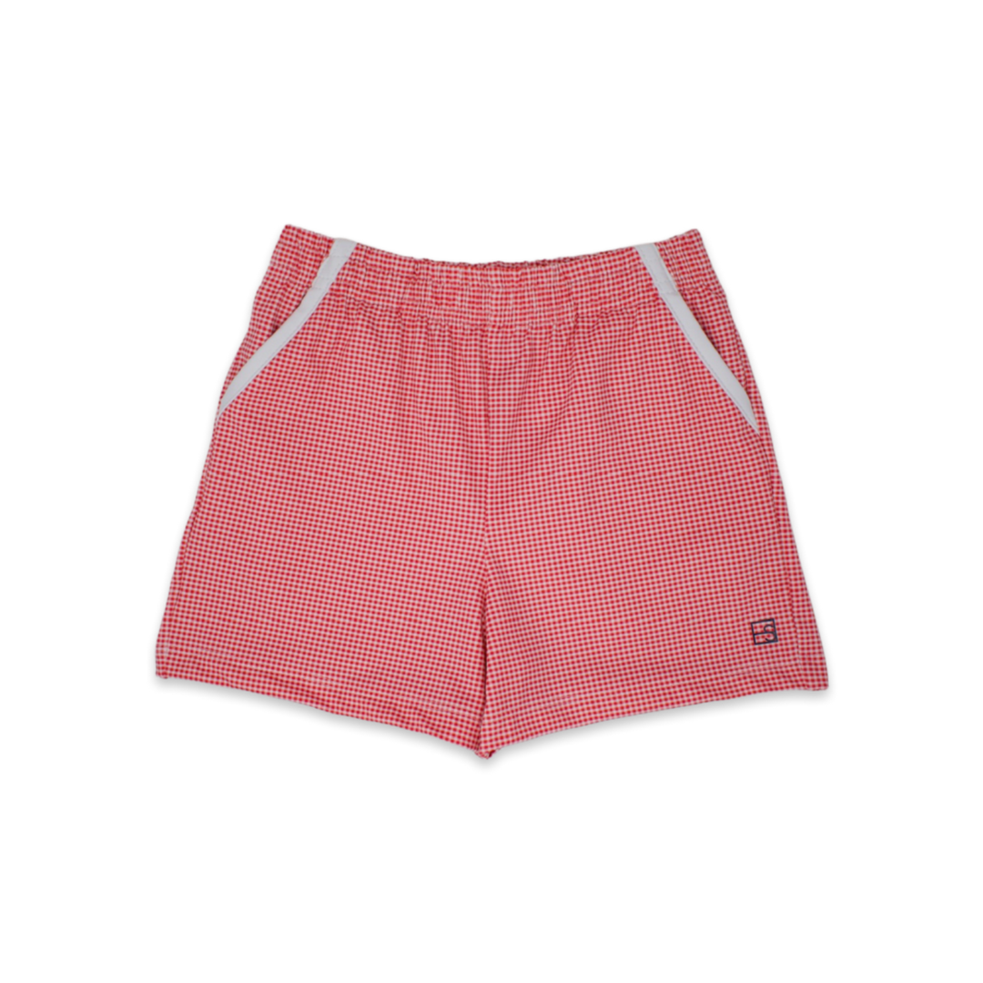 Red checkered shorts with white accents on a white background