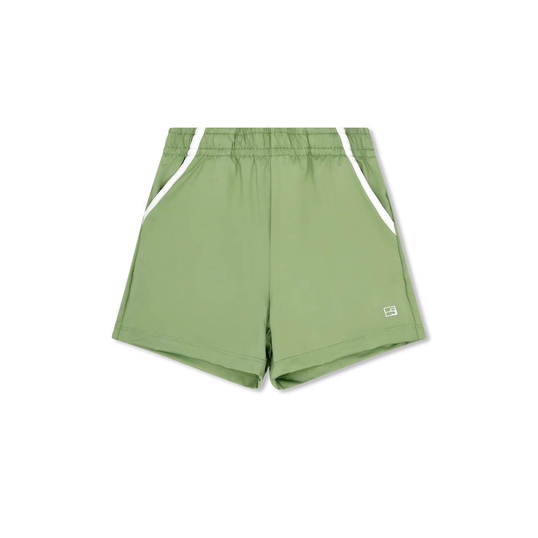 Green shorts with white accents on a white background