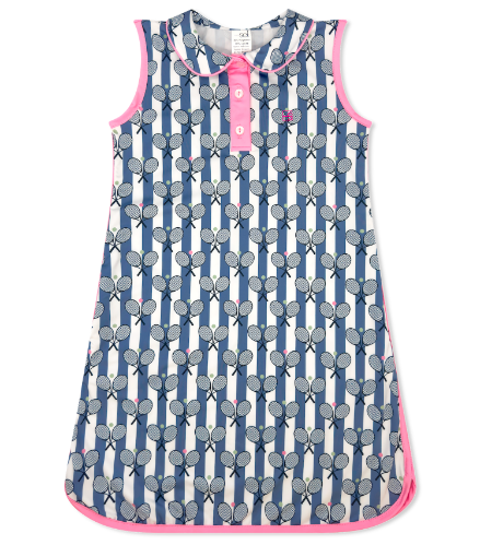 A sleeveless children's dress with a blue and white tennis racket pattern, featuring a pink collar, pink button placket, and pink trim along the edges.
