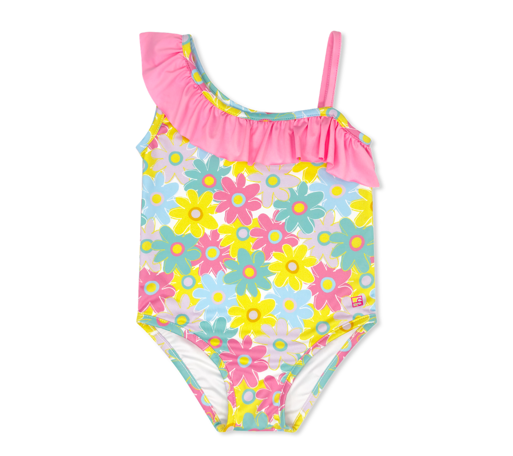 Floral-patterned one-piece swimsuit with pink ruffled straps on a white background