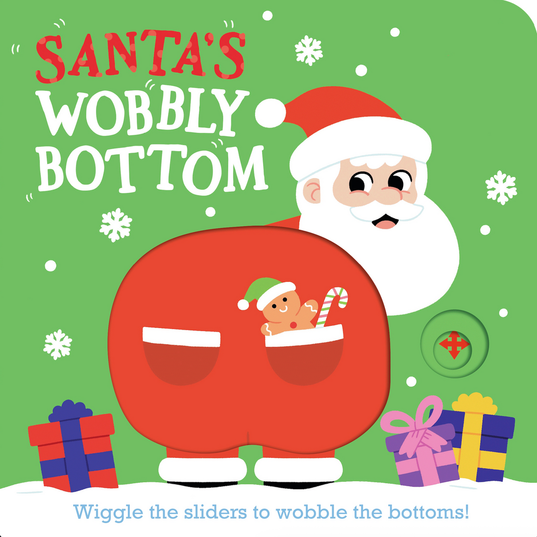 Book cover of 'Santa's Wobbly Bottom' with Santa Claus and a baby in red pants on a green background.