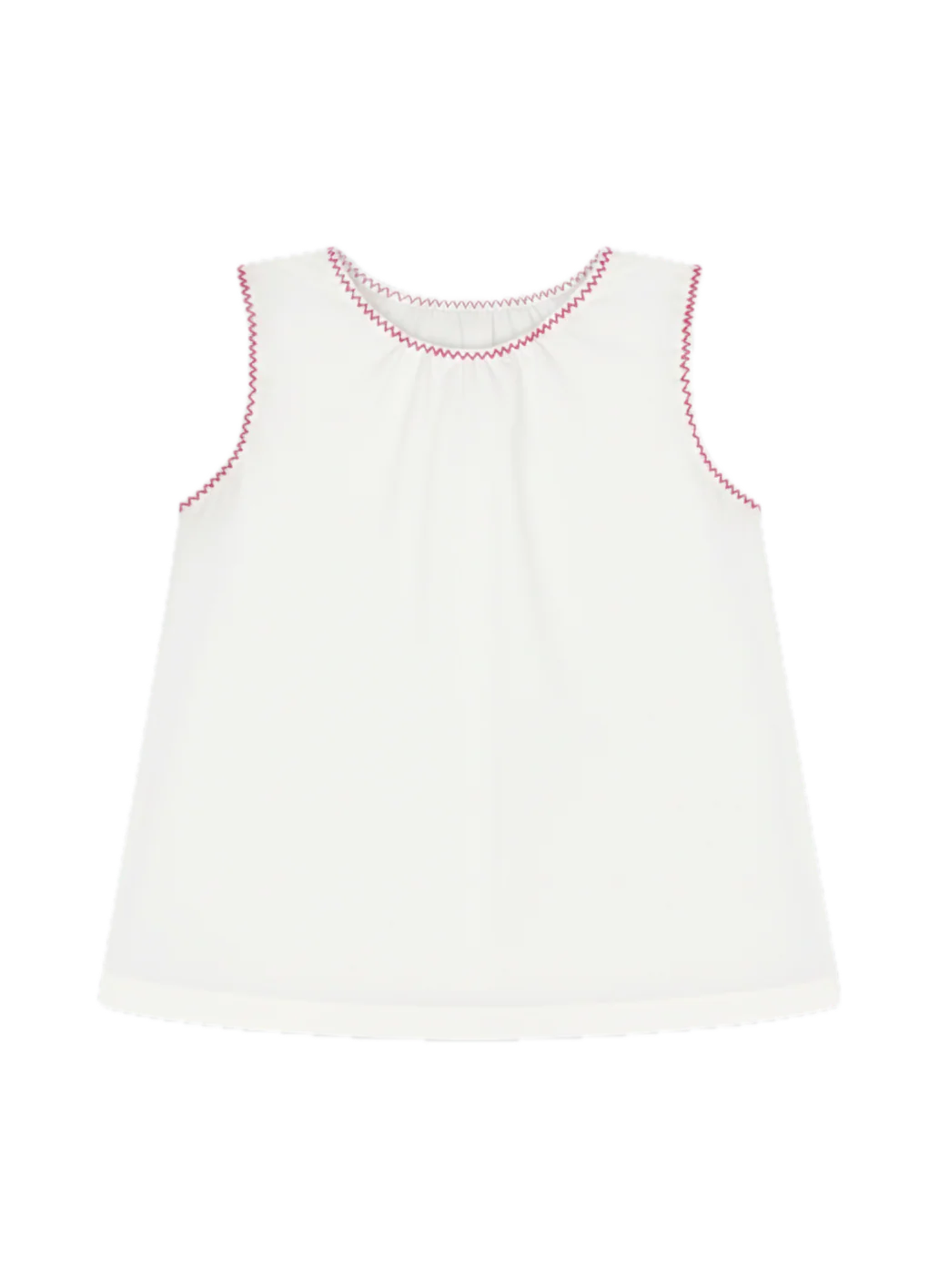 White sleeveless top with pink stitching on a white background