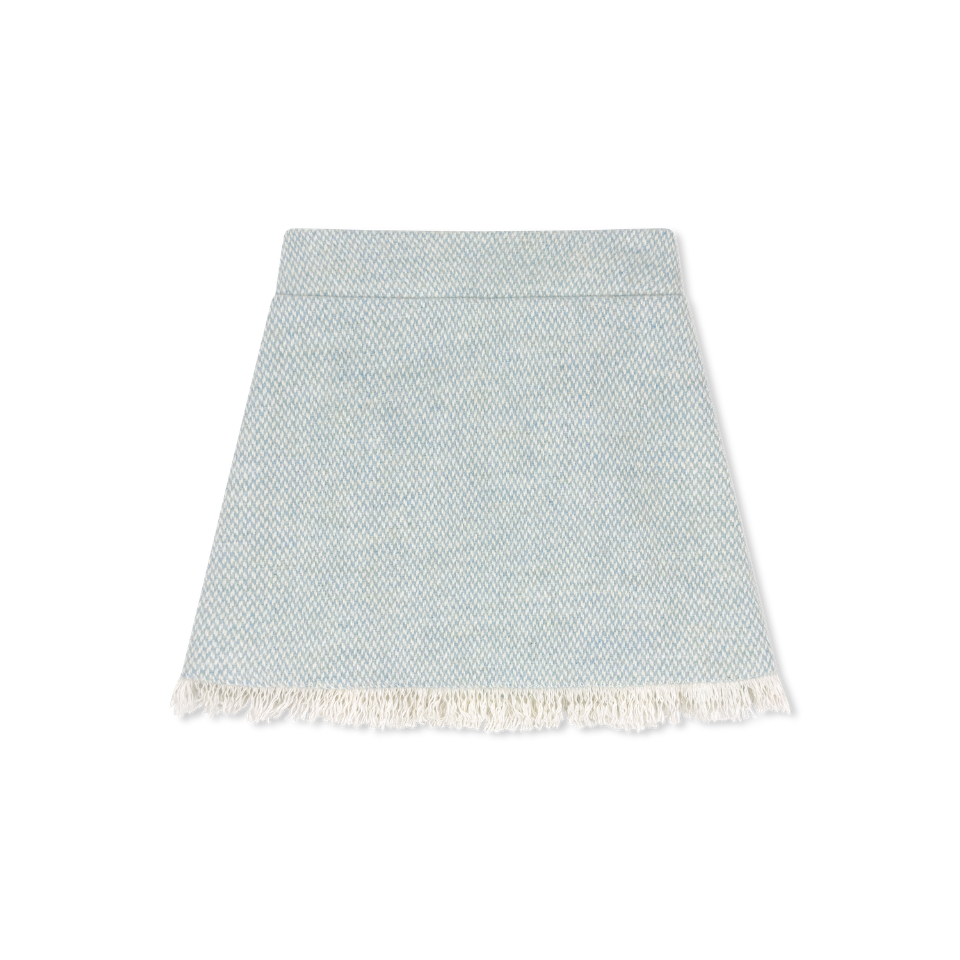 Light blue checkered skirt with white lace trim on a white background