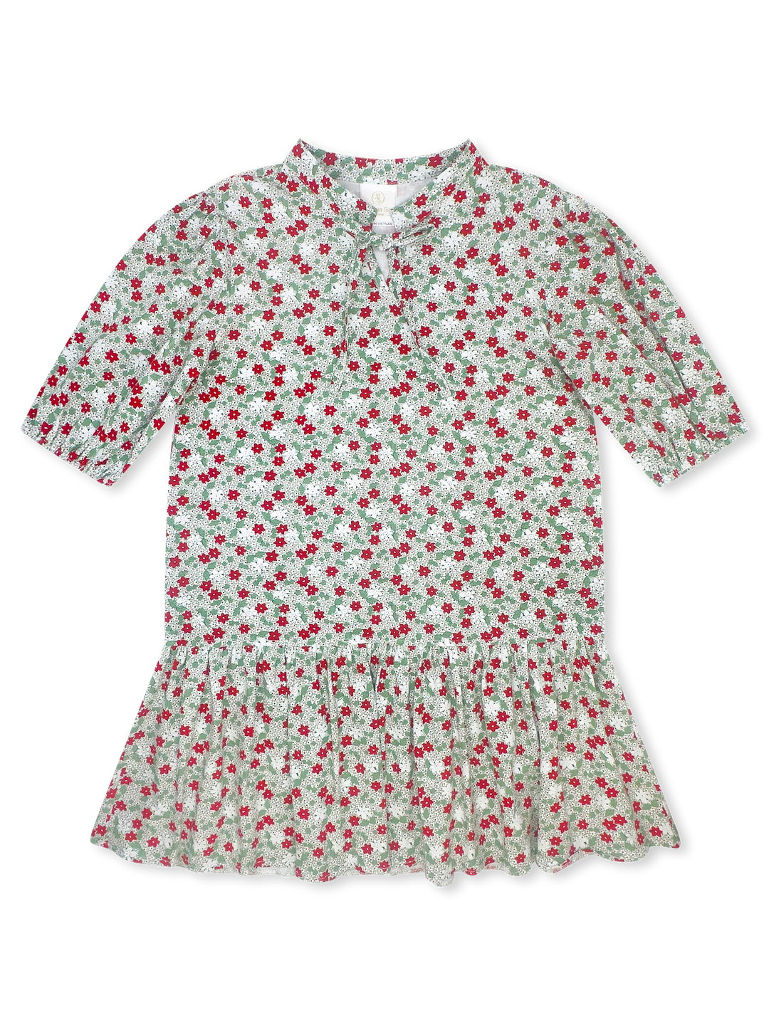 A short-sleeve collared dress with an all-over cherry print on a light sage green background, featuring a ruffled hem and a button-up front.