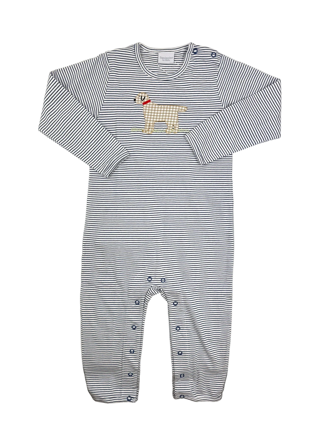 navy stripe romper with dog design
