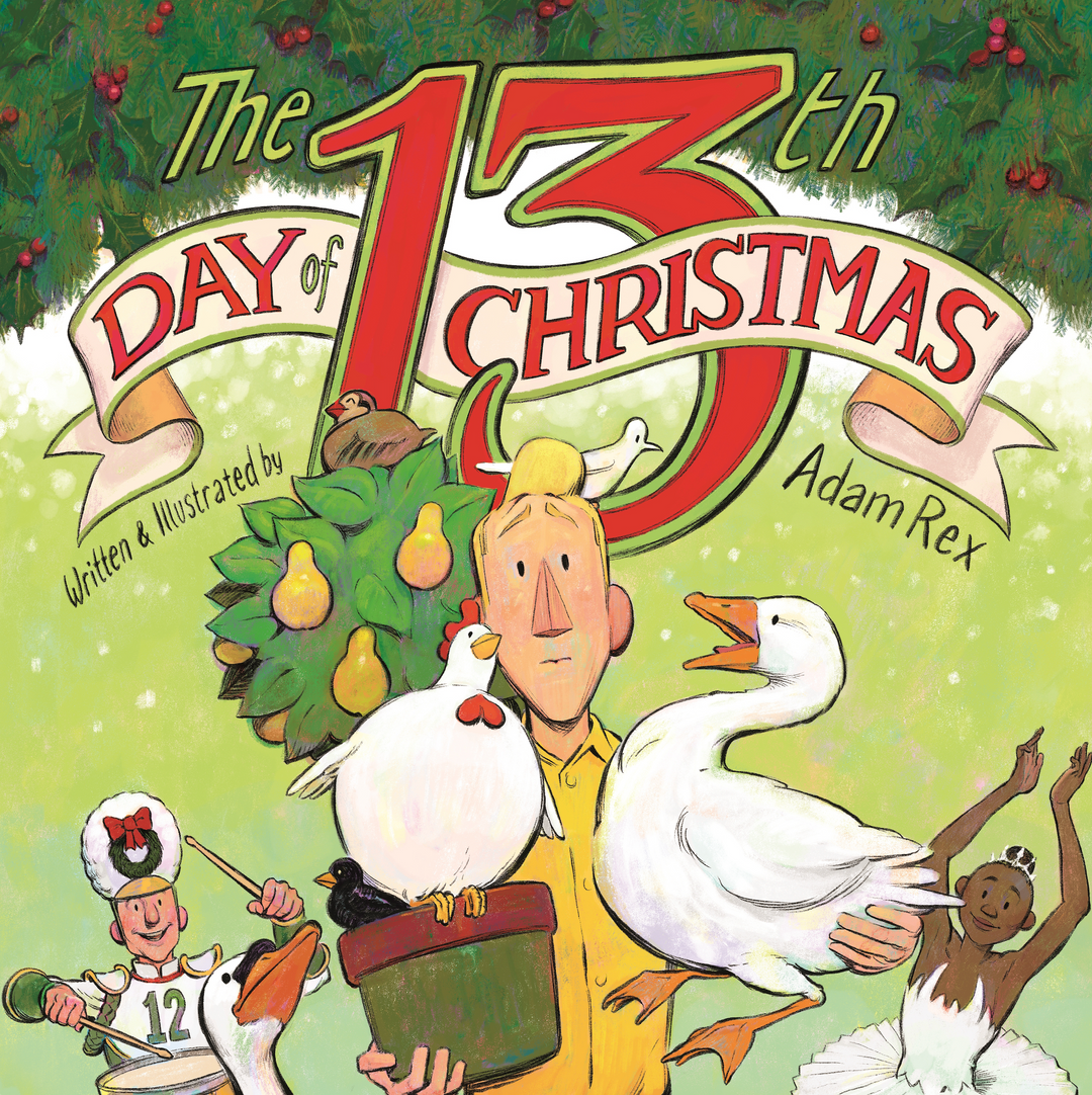 Book cover of 'The 13th Day of Christmas' with a man holding geese and festive elements.