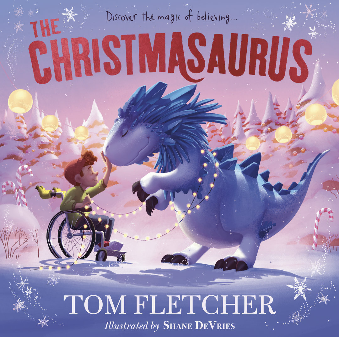 Book cover of 'The Christmasaurus' featuring a boy and dinosaur in a snowy landscape.