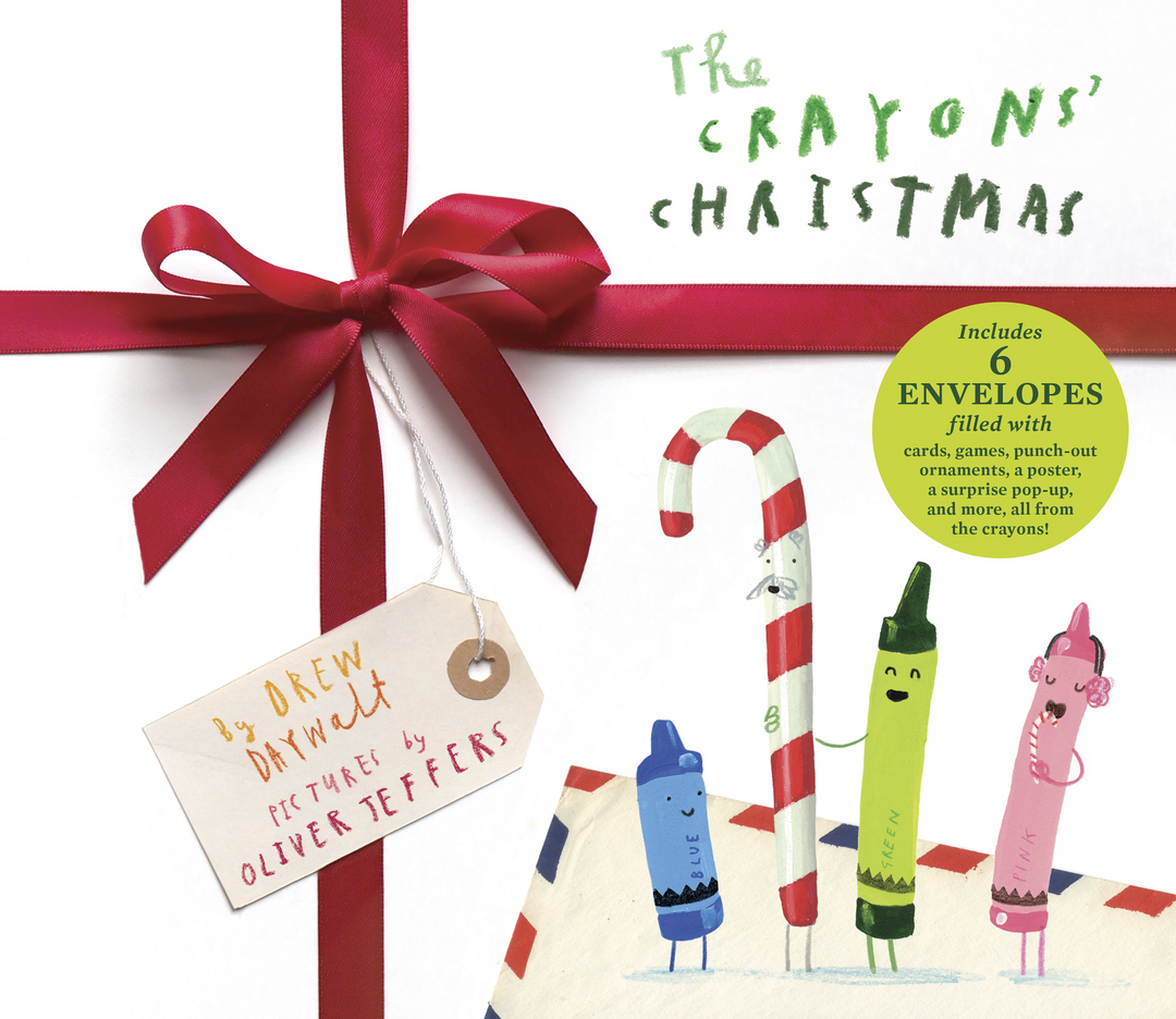 Book titled 'The Crayons' Christmas' with a red ribbon and gift tag on a white background