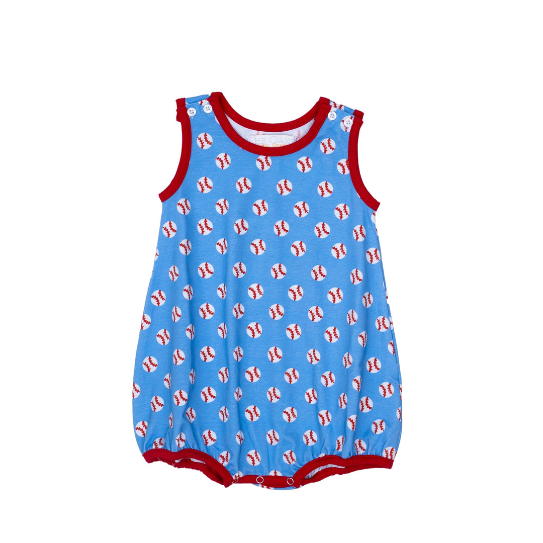 Blue romper with red trim and butterfly pattern on a white background