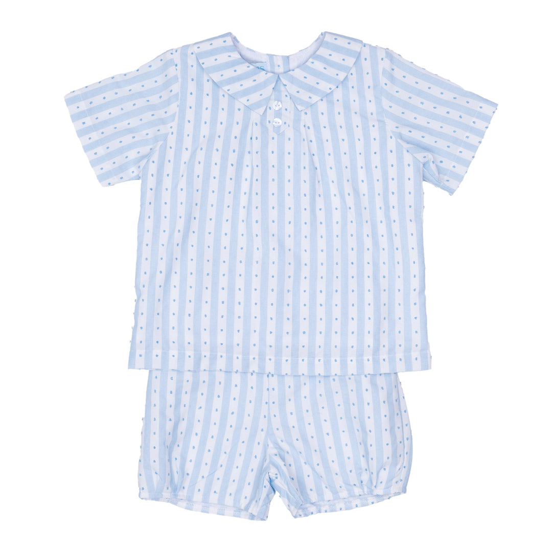 Light blue and white striped boy short set on a white background