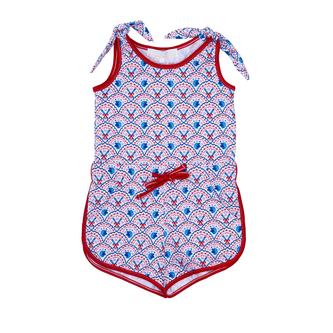 Baby romper with red and blue pattern on a white background