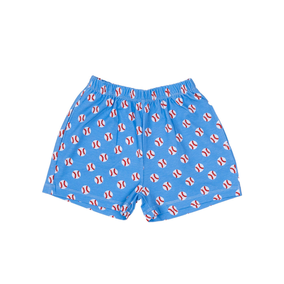 Blue shorts with baseball pattern on a white background