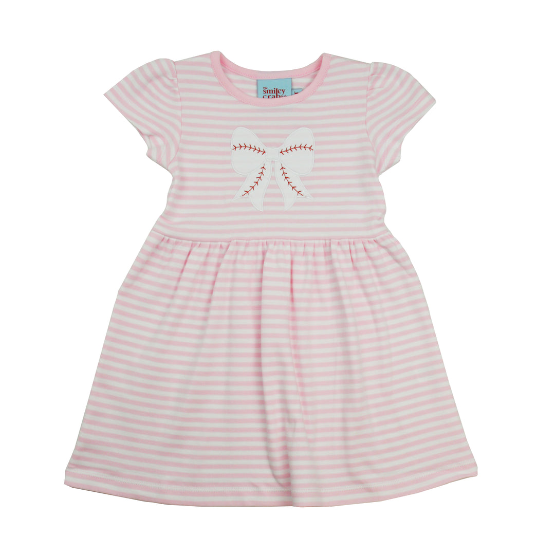 Pink and white striped dress with a bow detail on a white background