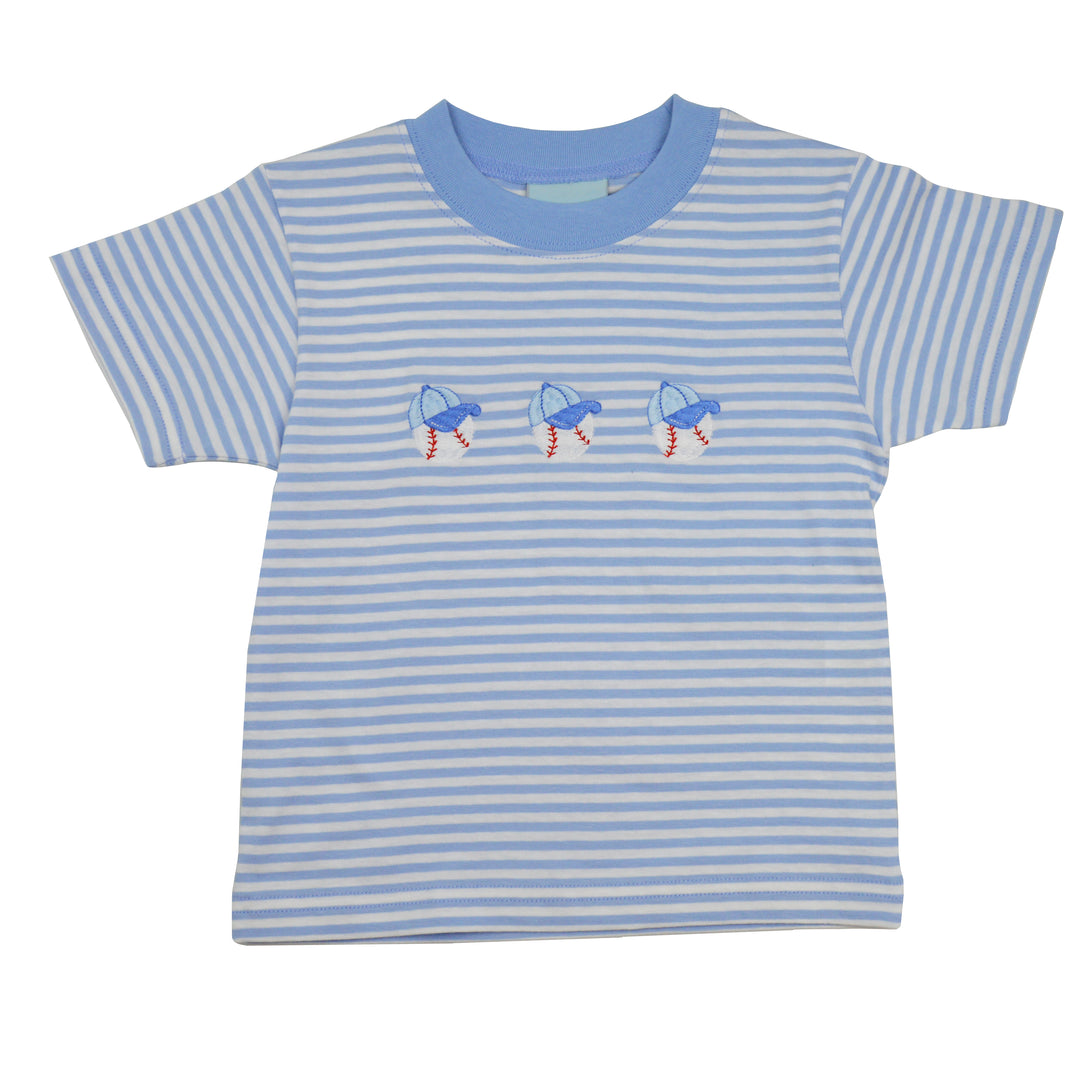 Blue and white striped t-shirt with embroidered baseball designs on a white background