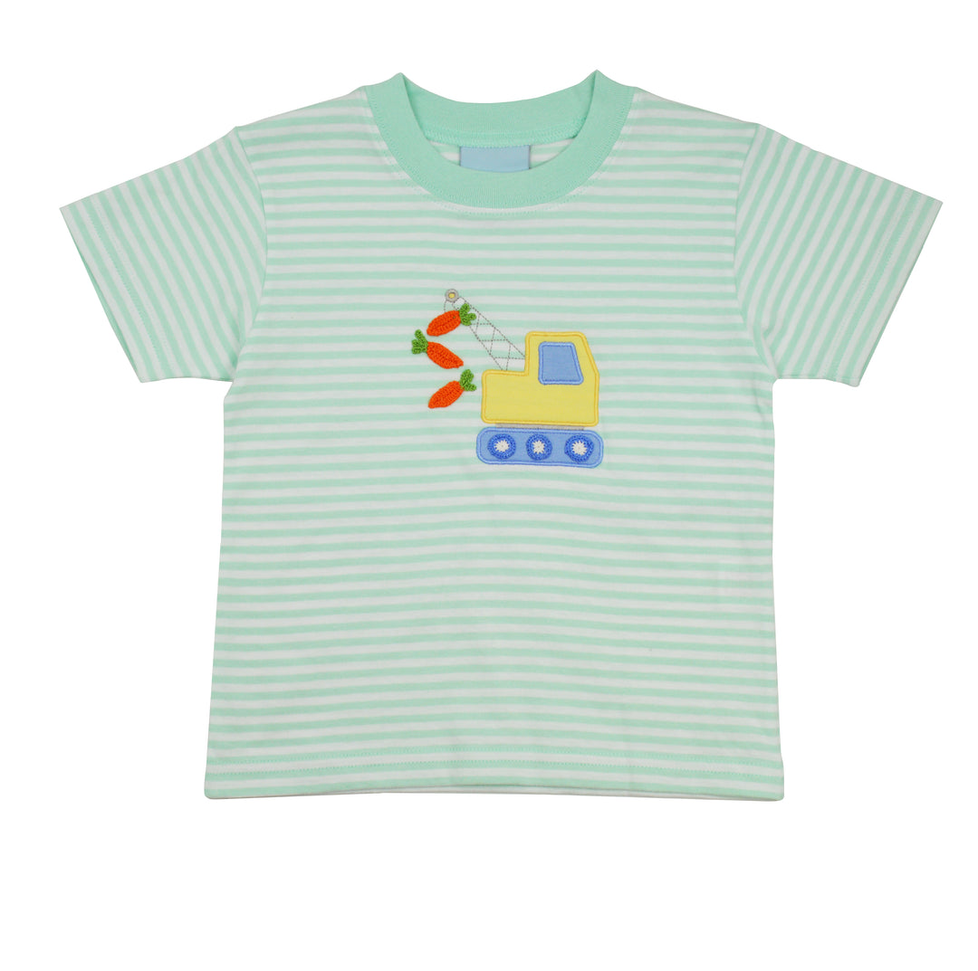 Children's t-shirt with carrots and construction crane on a white background