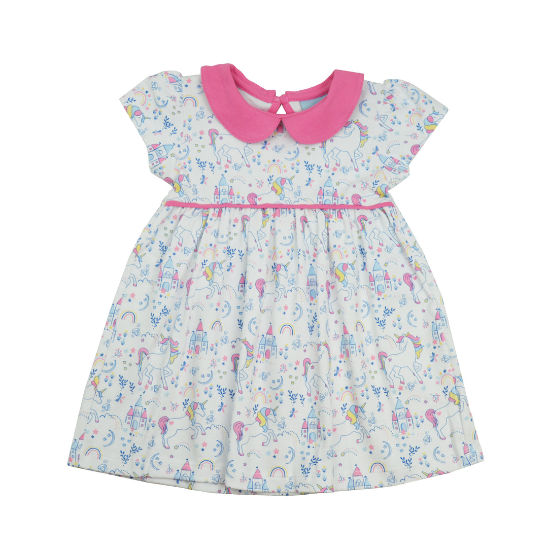 Children's dress with unicorn and castle pattern on a white background