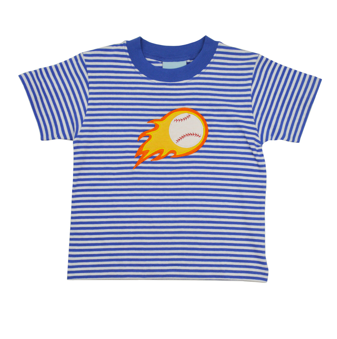 Blue and white striped t-shirt with a fiery baseball graphic on a white background