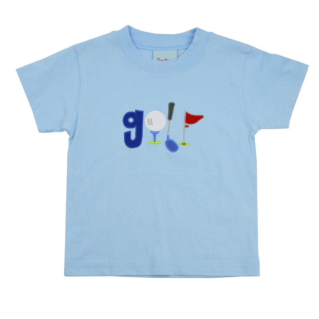 Light blue t-shirt with golf-themed graphic on a white background