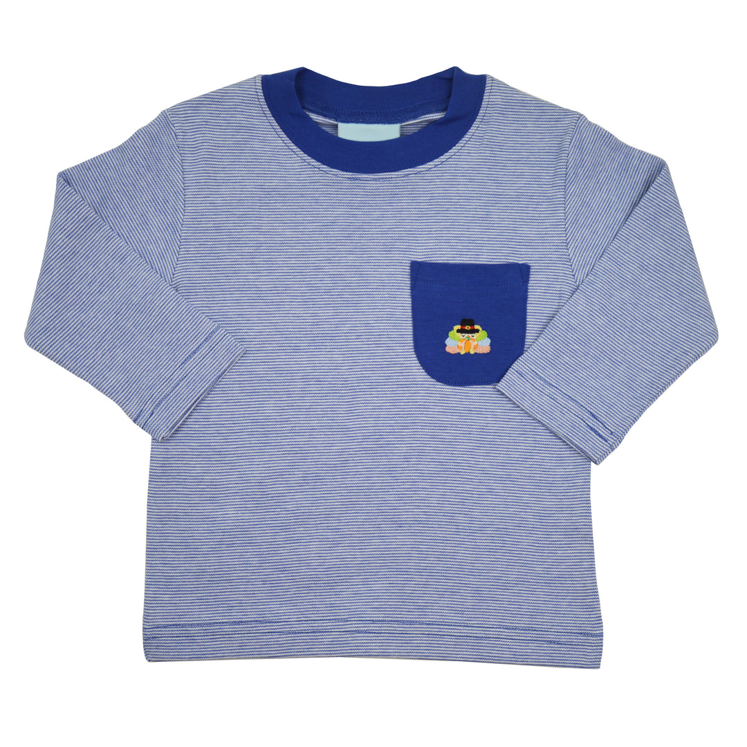 A long-sleeve baby t-shirt with a fine blue and white stripe pattern, featuring a solid navy blue crew neck and a matching navy blue chest pocket with a small embroidered turkey