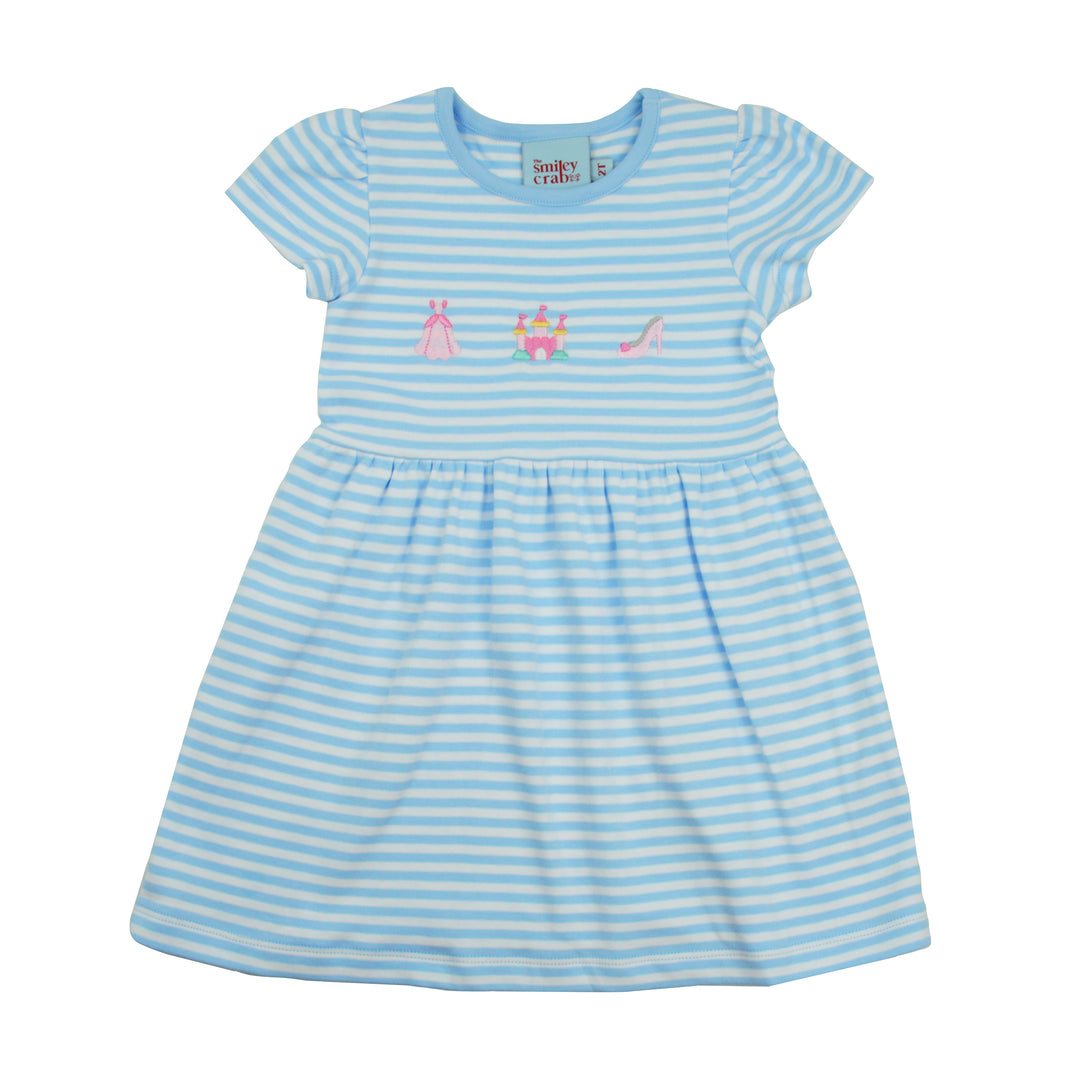 Blue and white striped dress with embroidered designs on a white background