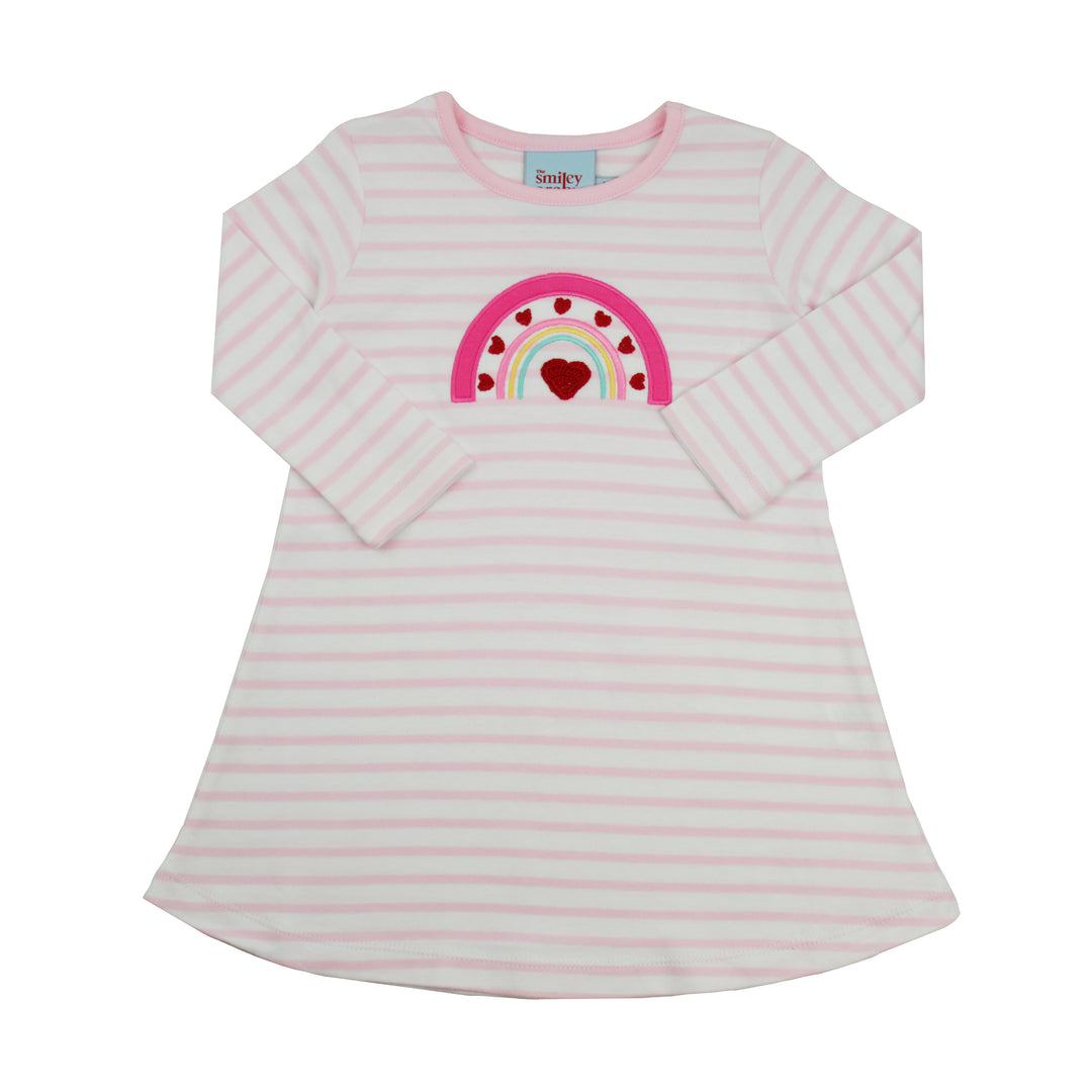 Pink and white striped dress with a rainbow and heart design on a white background