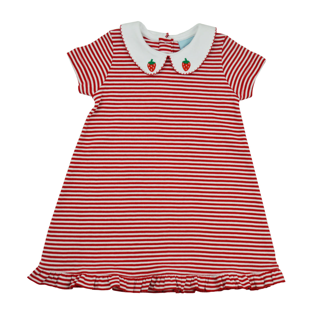 Red and white striped dress with a white collar featuring strawberry designs on a white background.