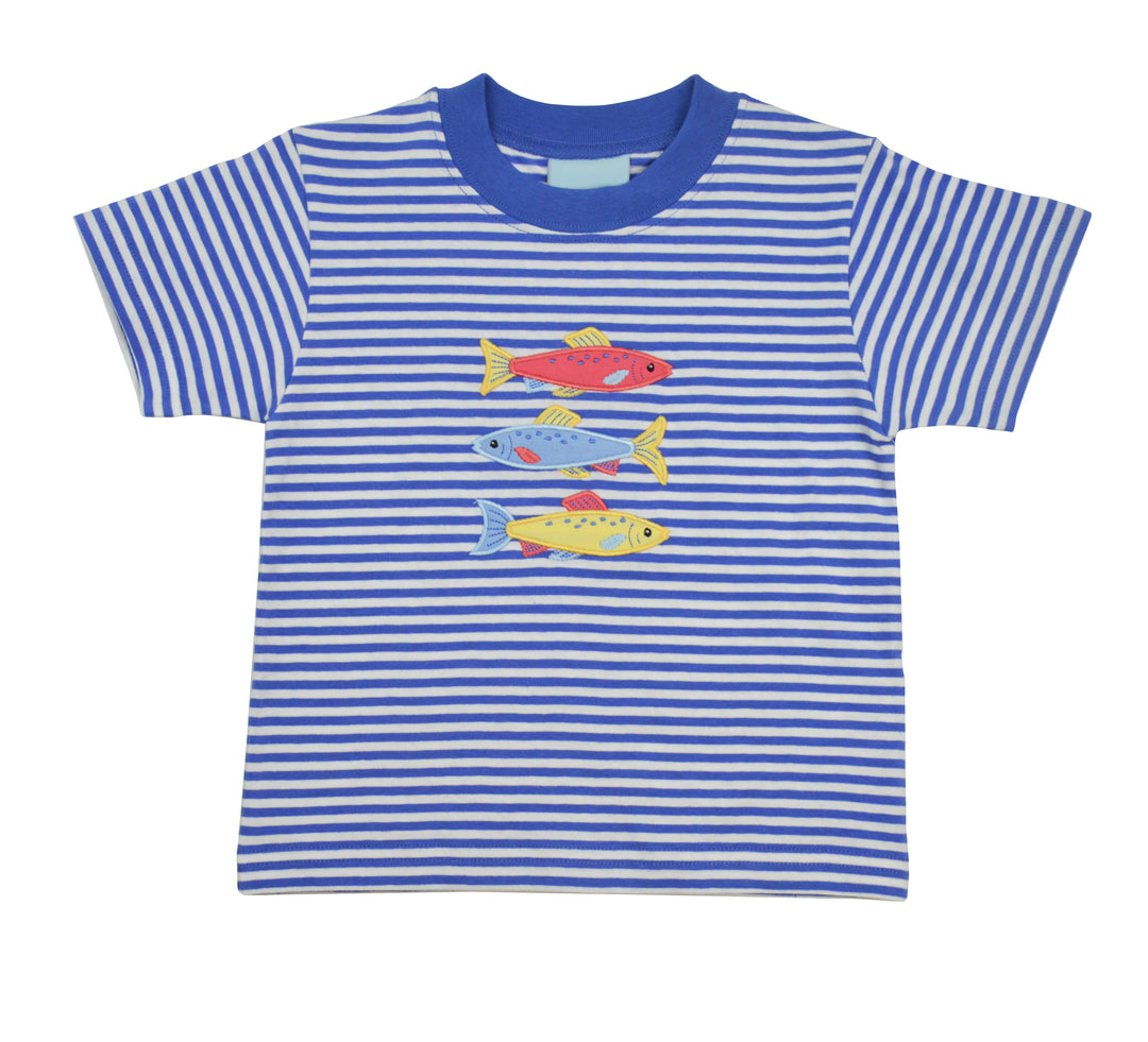 Blue and white striped t-shirt with colorful fish designs on a white background