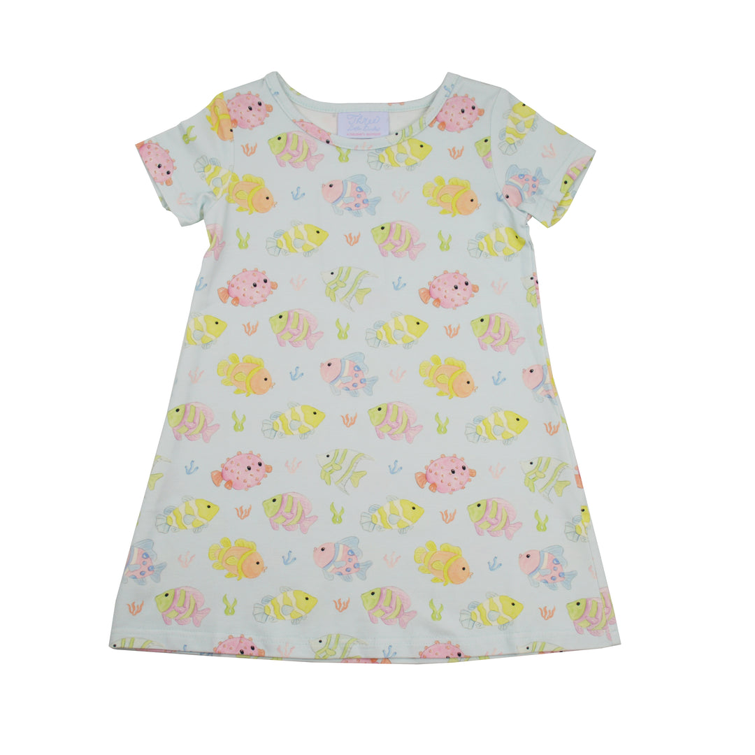 Children's dress with fish pattern on a white background