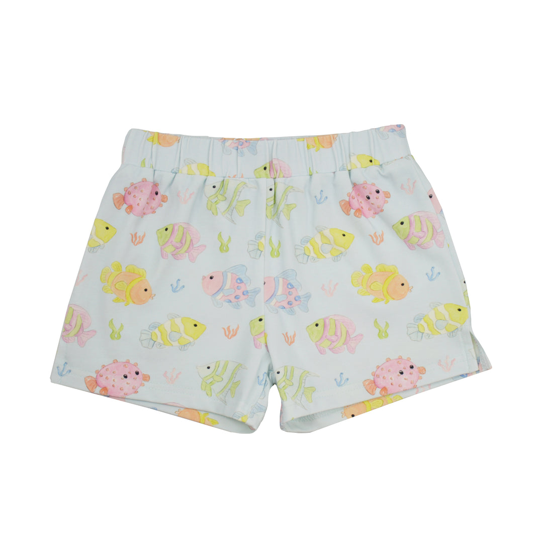 Children's shorts with fish pattern on a white background