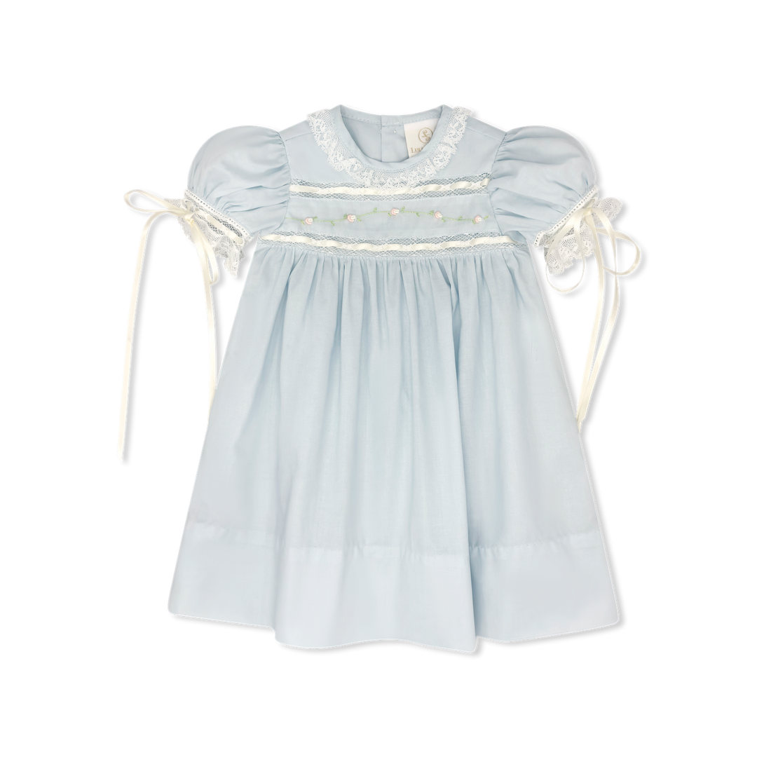 Light blue dress with white lace details on a white background