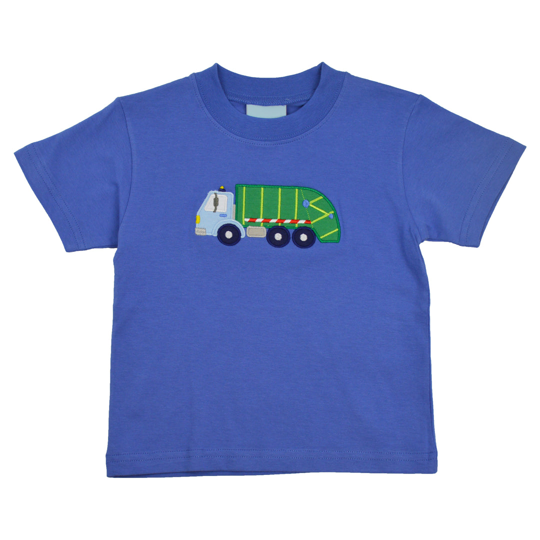 Blue t-shirt with a green and white truck design on a white background