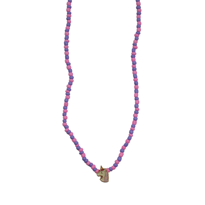 Necklace with pink and purple beads and a unicorn charm on a gray background