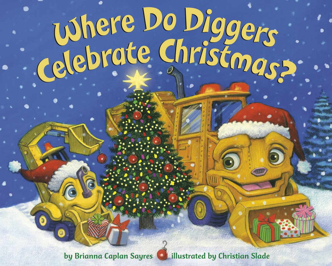 Book cover of 'Where Do Diggers Celebrate Christmas?' with construction vehicles and a Christmas tree.
