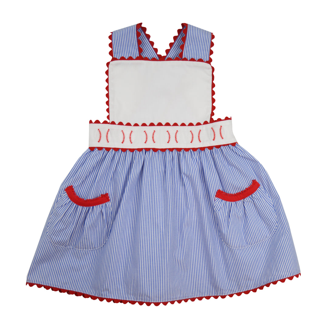 Children's dress with blue and white striped pattern and red accents on a white background