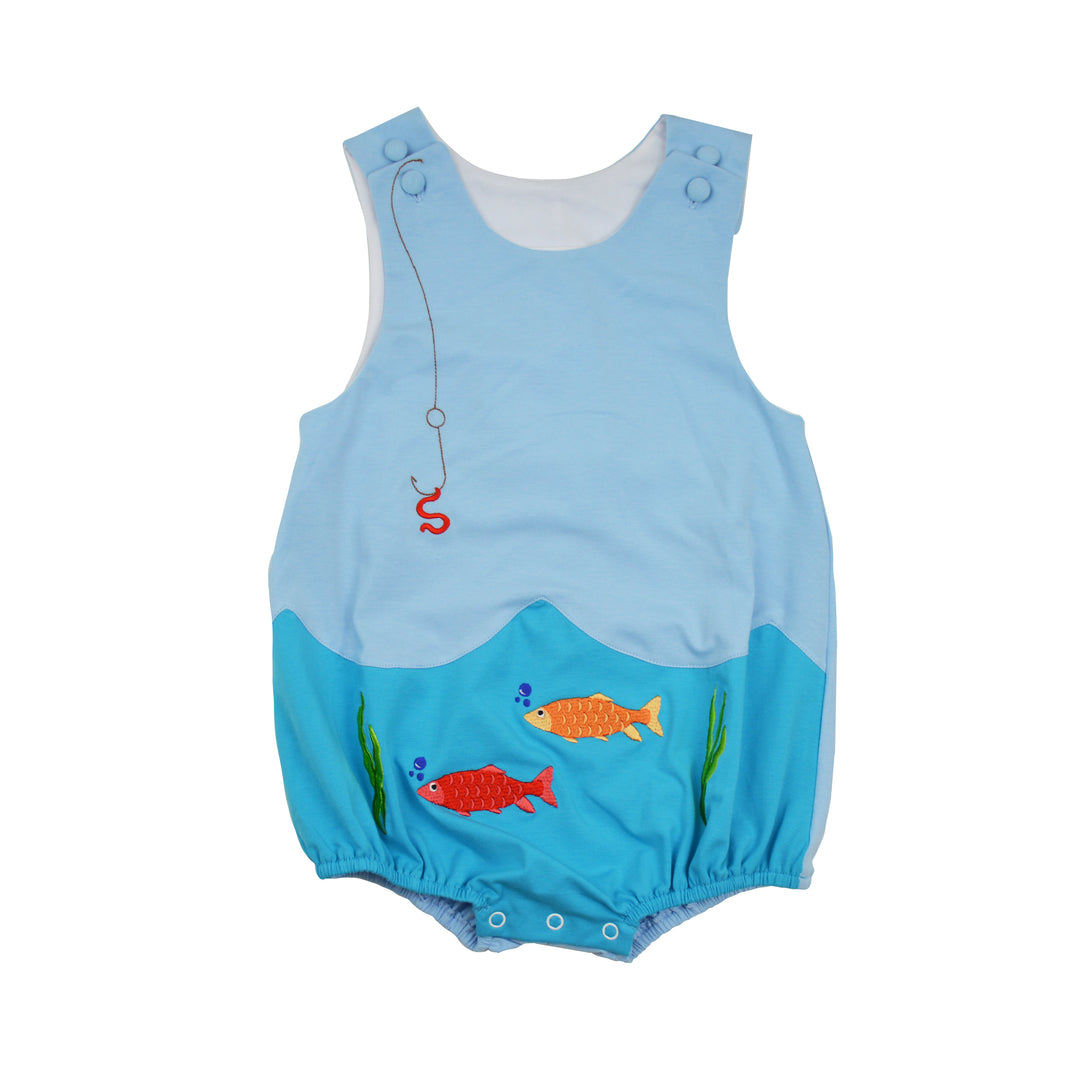 Baby romper with fish and wave design on a white background