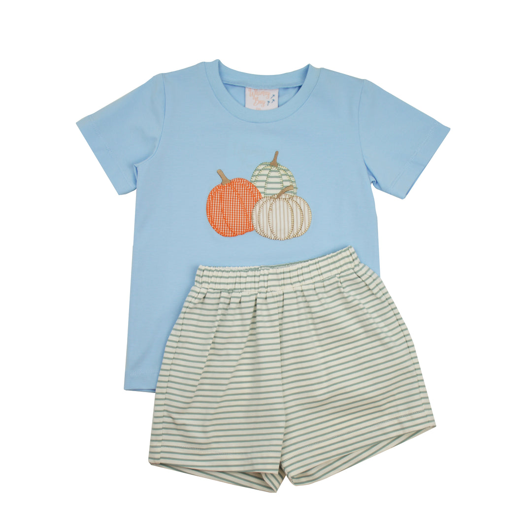A toddler boy's two-piece outfit set featuring a light blue short-sleeve t-shirt with an embroidered pumpkin motif, paired with light green and white horizontally striped shorts.