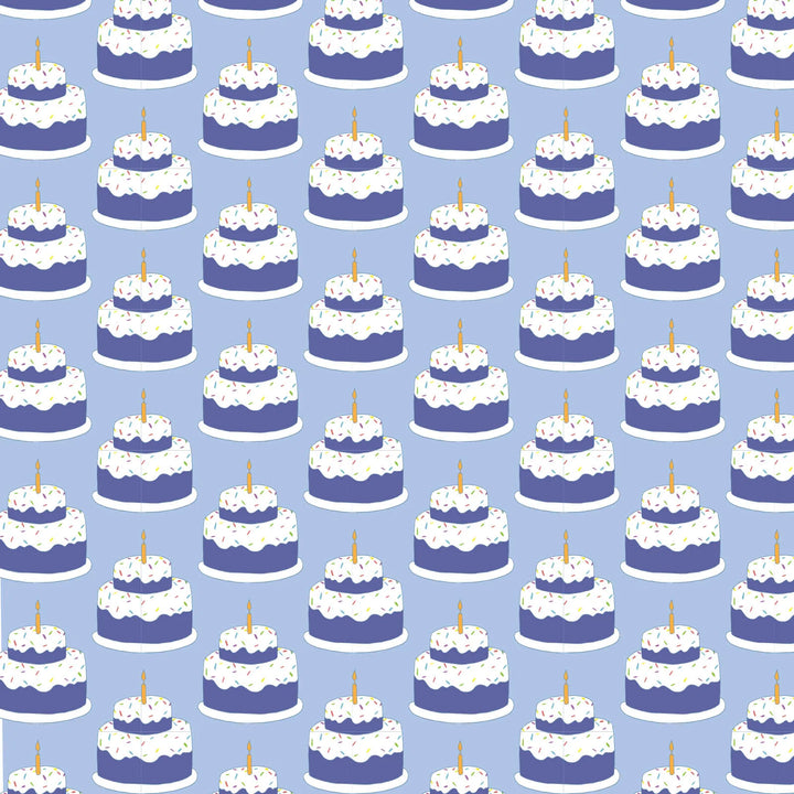 Pattern of blue and white cakes with candles on a blue background