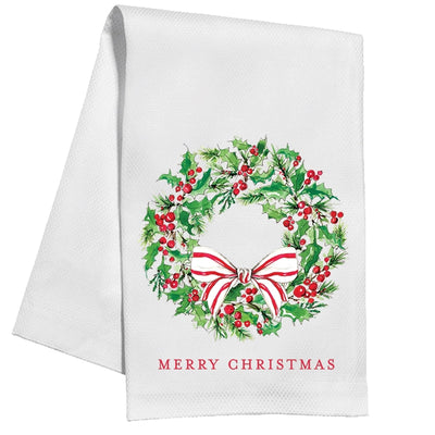 Merry Christmas Holly Wreath Kitchen Towel