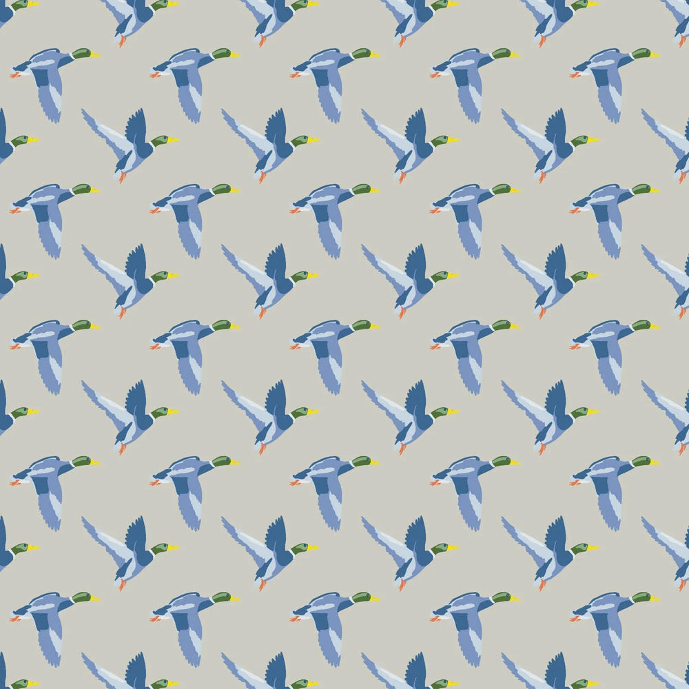 Pattern of blue ducks with green heads on a gray background