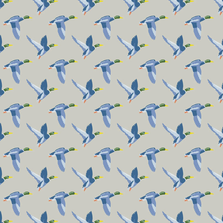 Pattern of blue ducks with green heads on a gray background