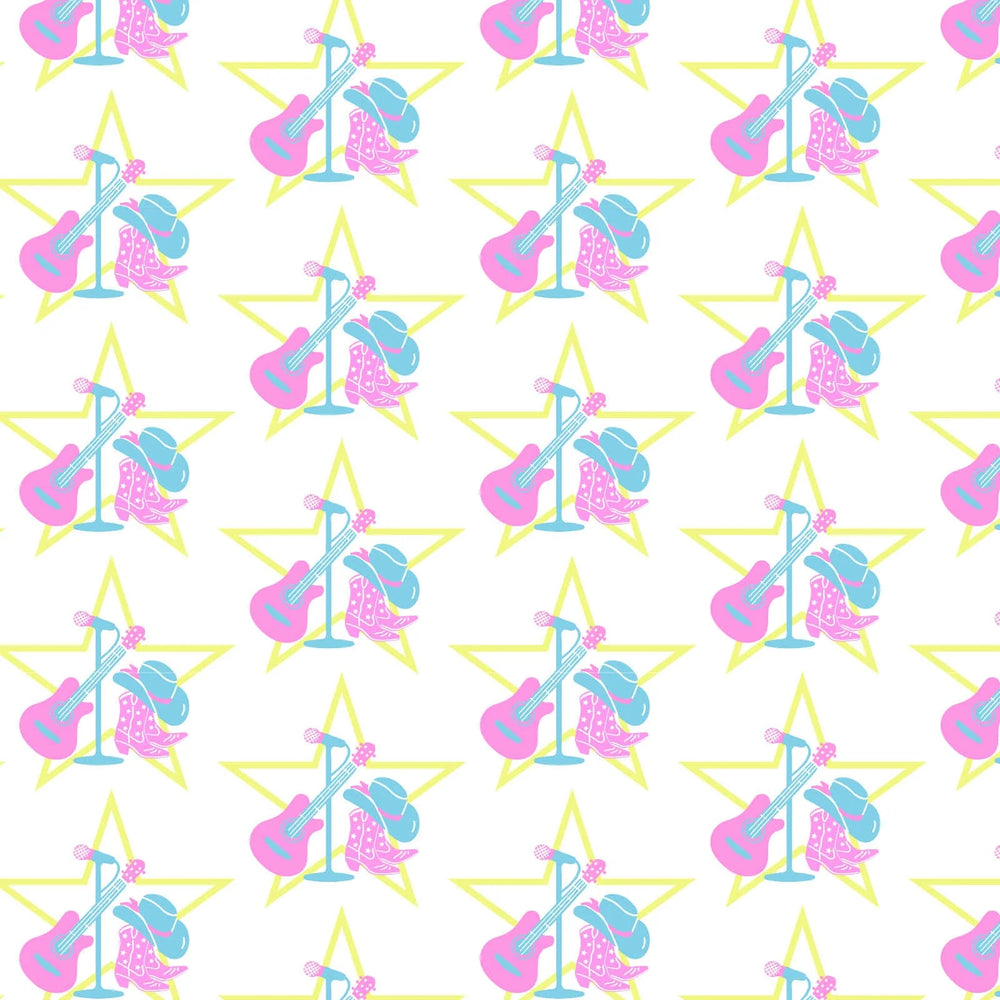 Pattern of musical instruments and stars on a white background