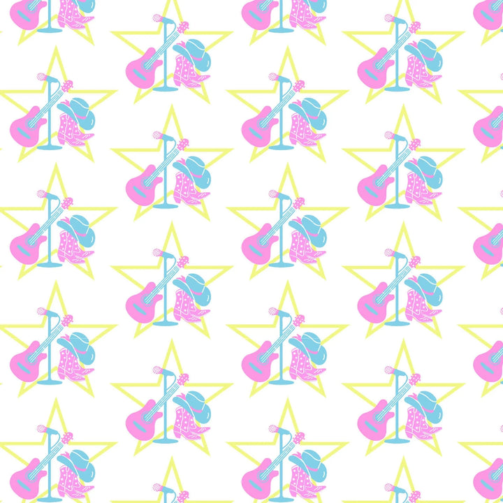 Pattern of musical instruments and stars on a white background