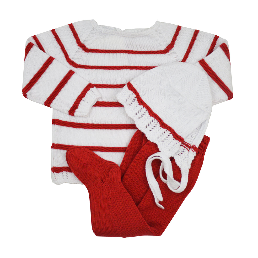 Mi Lucero Striped Sweater Set with Bonnet | Red