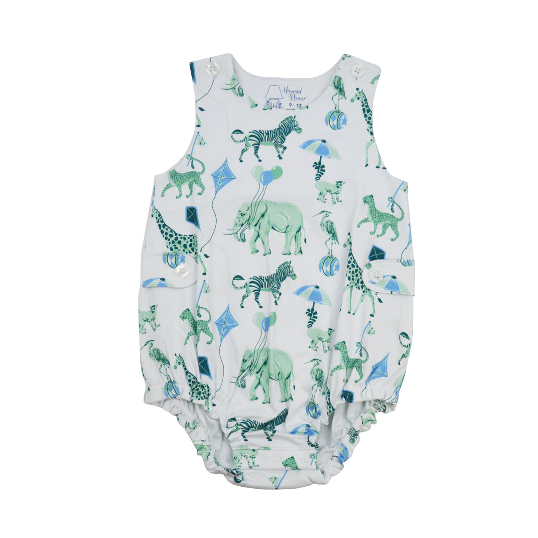 Baby romper with green animal pattern on a white background